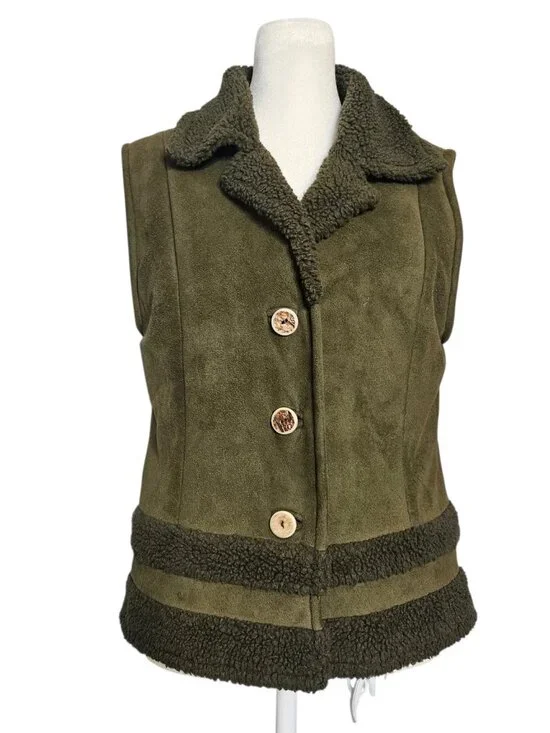 Fjallraven Fjall Women's Suede Sherpa Vest in Olive Green - Size Small - Picture 2 of 11